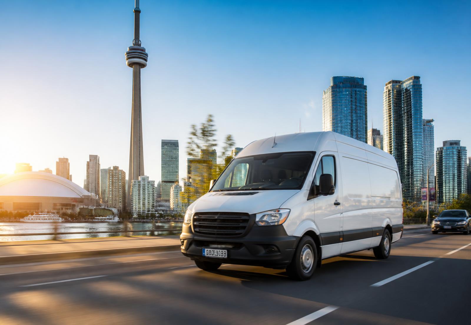Sky Enterprises cargo van driving through downtown Toronto for moving and delivery services in the GTA